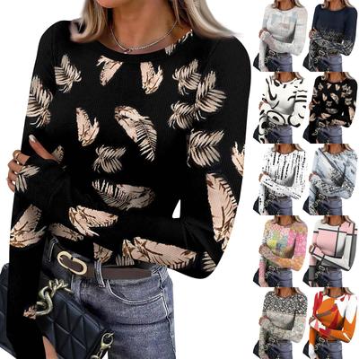Women's  And Winter Slim Bottom T-shirt Fashion Casual Gradient Printing Round Neck Pullover Long Sleeve Top