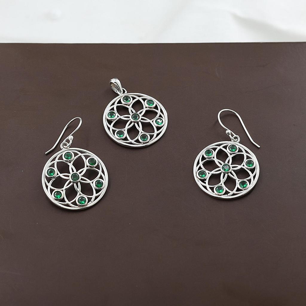 Green Zircon Pendant Earring Set, 925 Sterling Silver Handmade Jewelry, Silver Women Jewelry, Gift For Her An0446-384