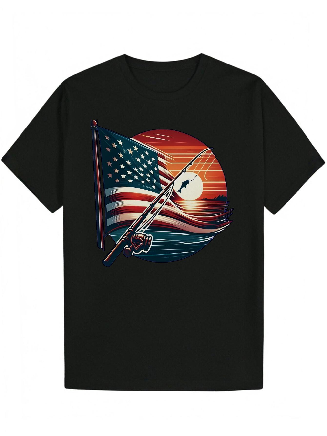 Short Sleeve T-shirt - Patriotic American Flag & Fishing Print XXL