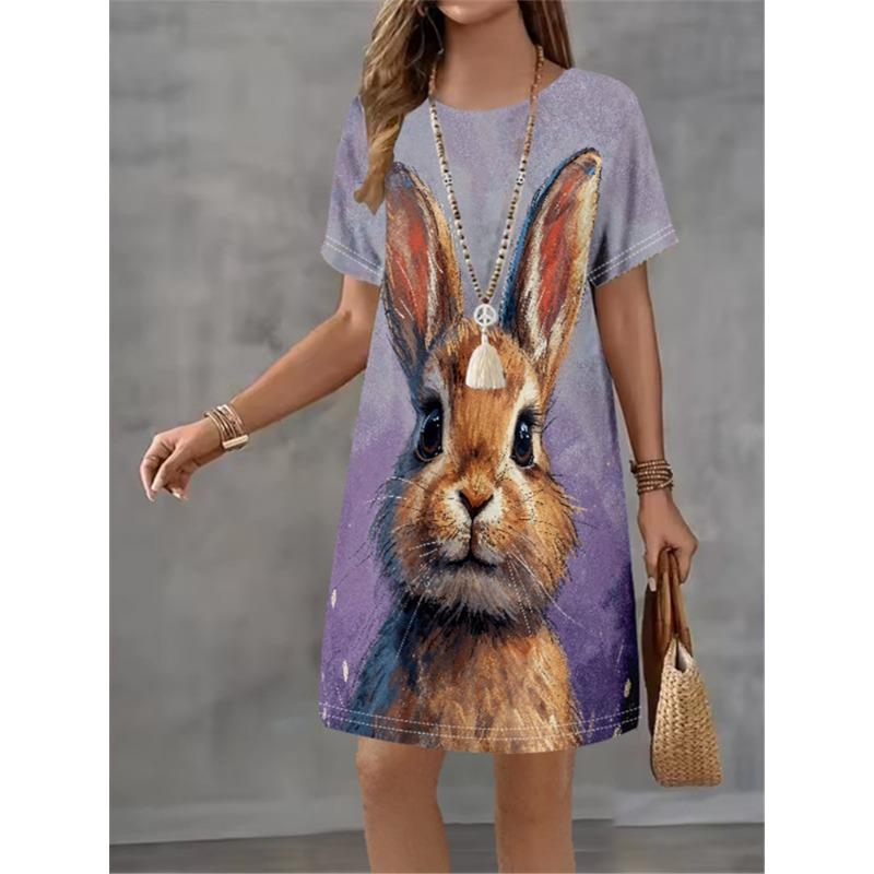 Women Dress Cute Rabbit Pattern Print Design Sense Pattern 2025 Summer Elegant Women A-Line Dress Casual Short Sleeve Mini Dress