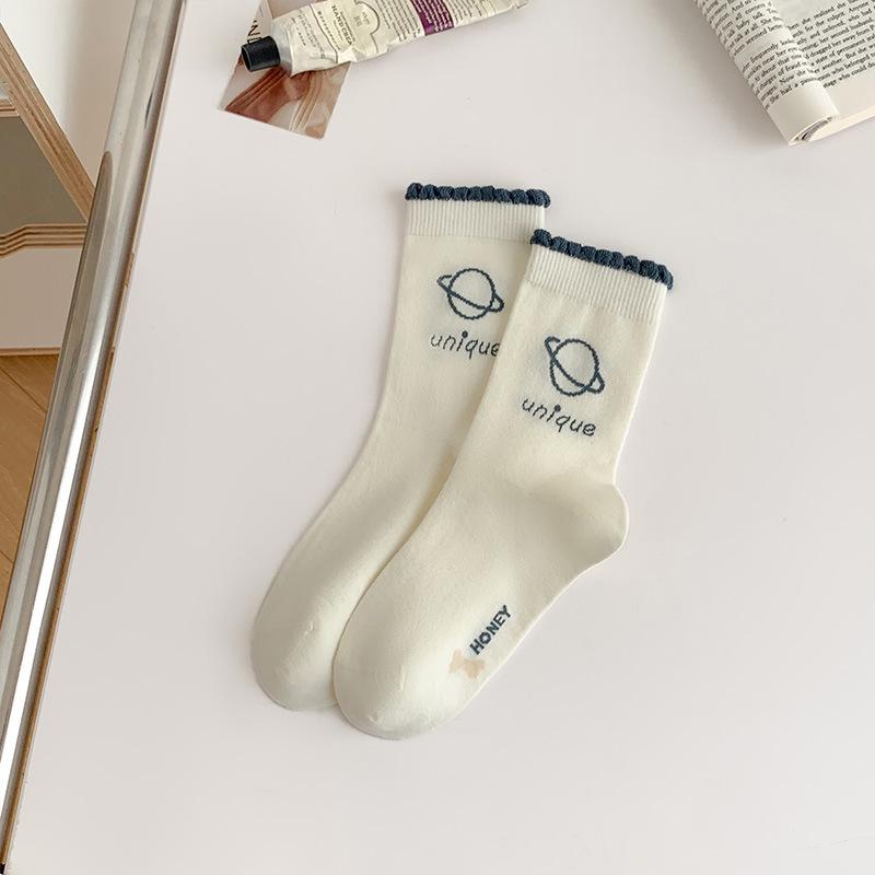 

Женские мультяшные гольфы до середины икры в студенческом стиле: Милый синий, всесезонный чистый хлопок, бесшовный дизайн One Size