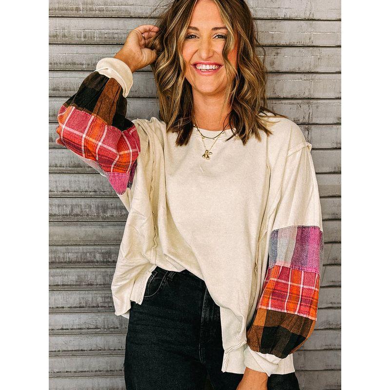 American Shiying Plaid Patchwork Long sleeve Top Women 2025 Autumn and Winter New Loose Contrast Color round Neck Knit