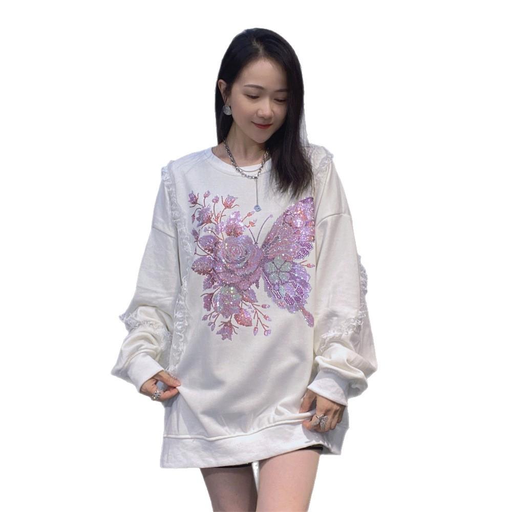 Laid-back Style Round-neck Large-sized Sweatshirt for Women Loose Pullover Top for Autumn and Winter Rhinestone Jacket