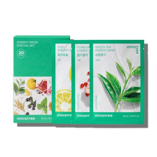 Innisfree Energy Sheet Mask Special Set Hydrating & Brightening Care 10 Types x 2pcs (20 Sheets)