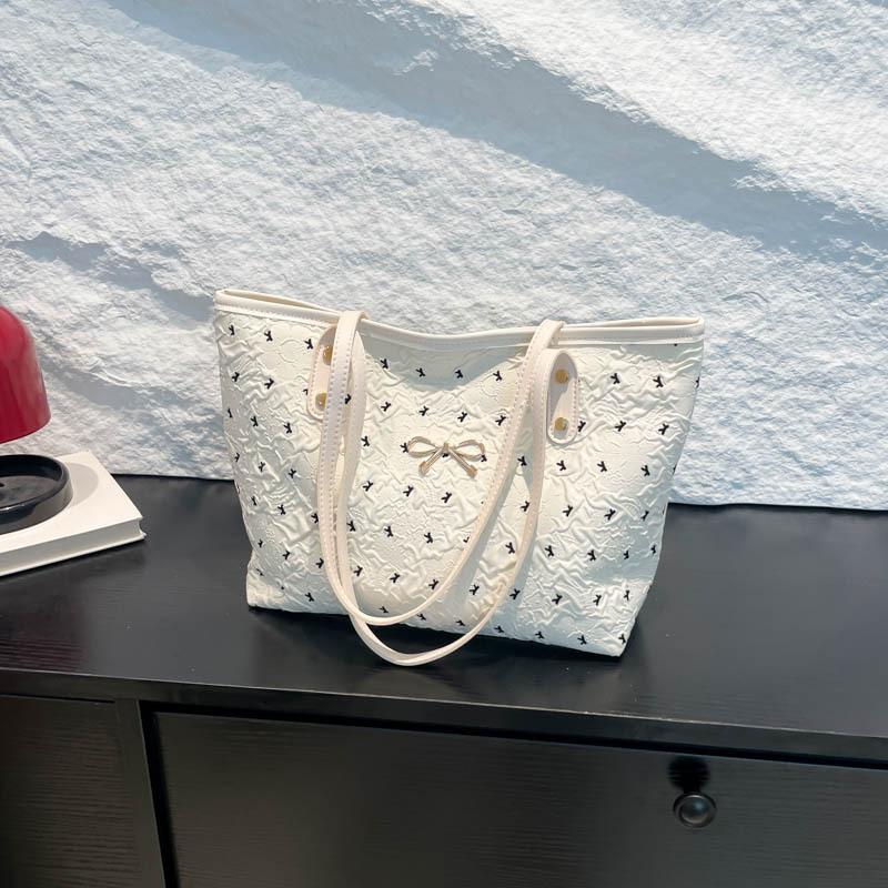 Large Capacity Polyester Women s Tote Bags Sweet Bow Girls Work School Shoulder Bag Lightweight Durable Travel Shopping Handbags бежевый