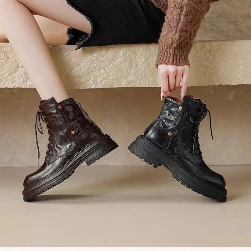 Shoes Female 2024 Hot Sale Lace Up Women's Boots Round Toe Solid Short Barrel Mid Heel Water Proof British Style Fashion Boots