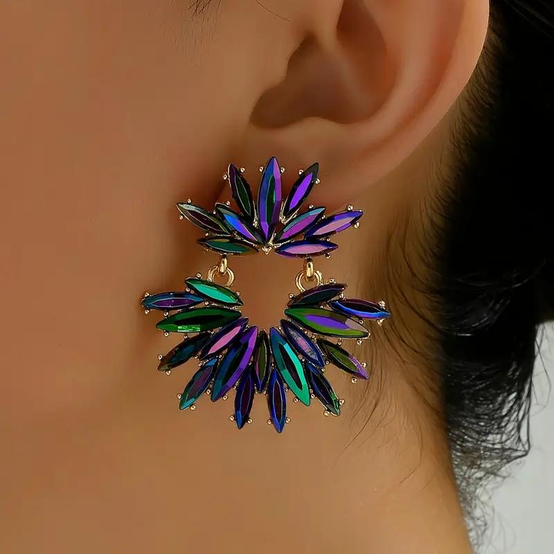 1 Paar Glamouröse Elegante Bunte Kristallblumen Hängeohrringe Vintage Luxus Hängeohrringe