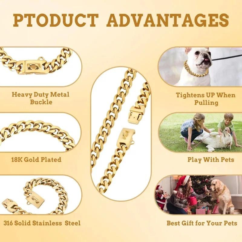 Titanium Steel Dog Chain Collar Harnesses 15mm Stainless Steel Gold Collar 19mm Silver for Small Dogs Pet Products Supplies