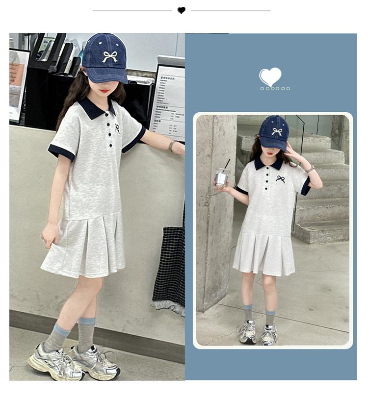 Girls' Short Sleeved Polo Shirt Dress Summer Dress 2026 New Style for Children, Middle-aged and Young Girls, Summer College Style