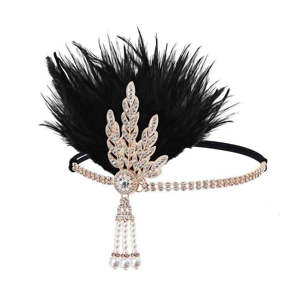 Diamond Feather Gatsby Cosplay Dress Black Sequin Vintage Design Feather Headwear Rhinestone Beaded Korean Style Headband