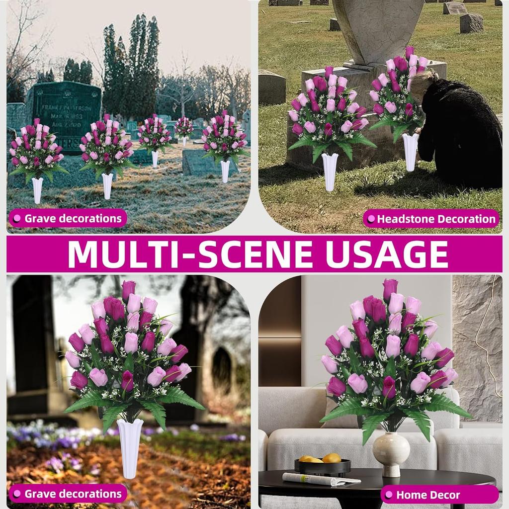 Lodou Artificial Cemetery Flowers,Outdoor Grave Decorations Roses,Arrangements Bouquet with Cemetery Vase, Silk Flowers for Long-Lasting Remembrance