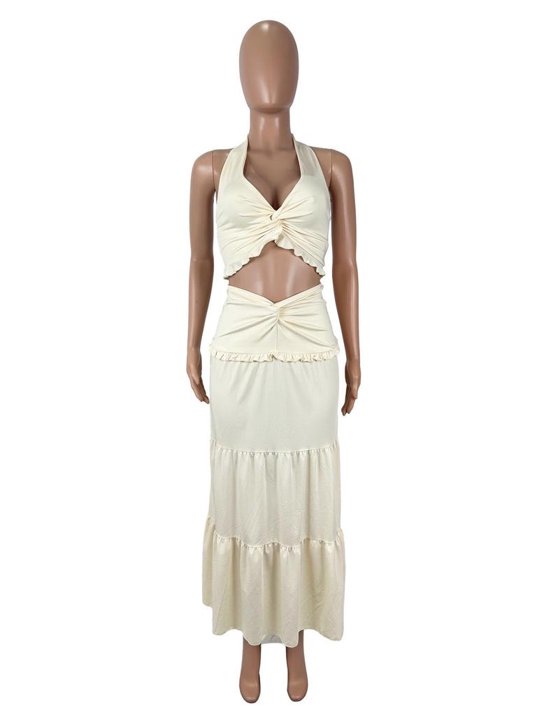 Sexy V-Neck Ruffle Halter Tie Long Dress Two-Piece Set for Women