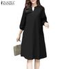 ZANZEA Women Casual V-Neck Loose 3/4 Sleeve Dress