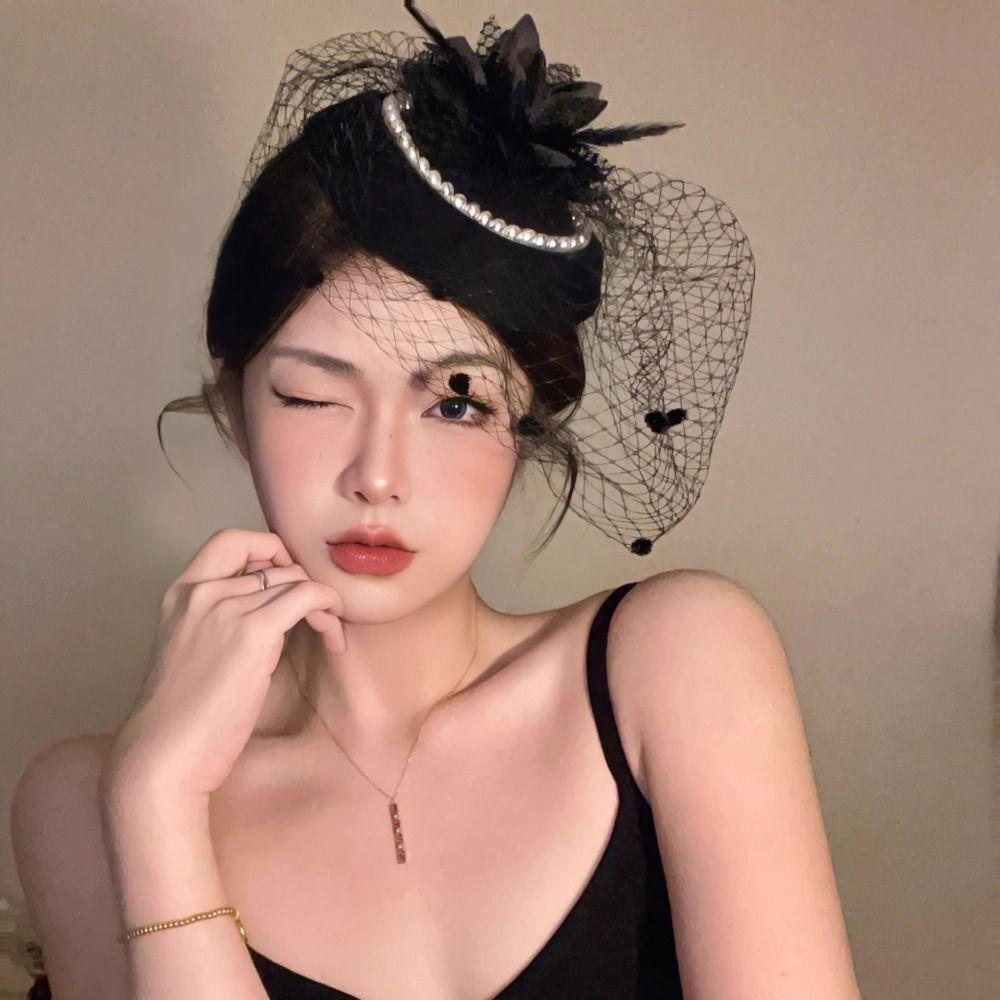 Elegant Bridal Headwear Pearl Flower Vintage Pillbox Hats Mesh Temperament Fascinators Hat For Women