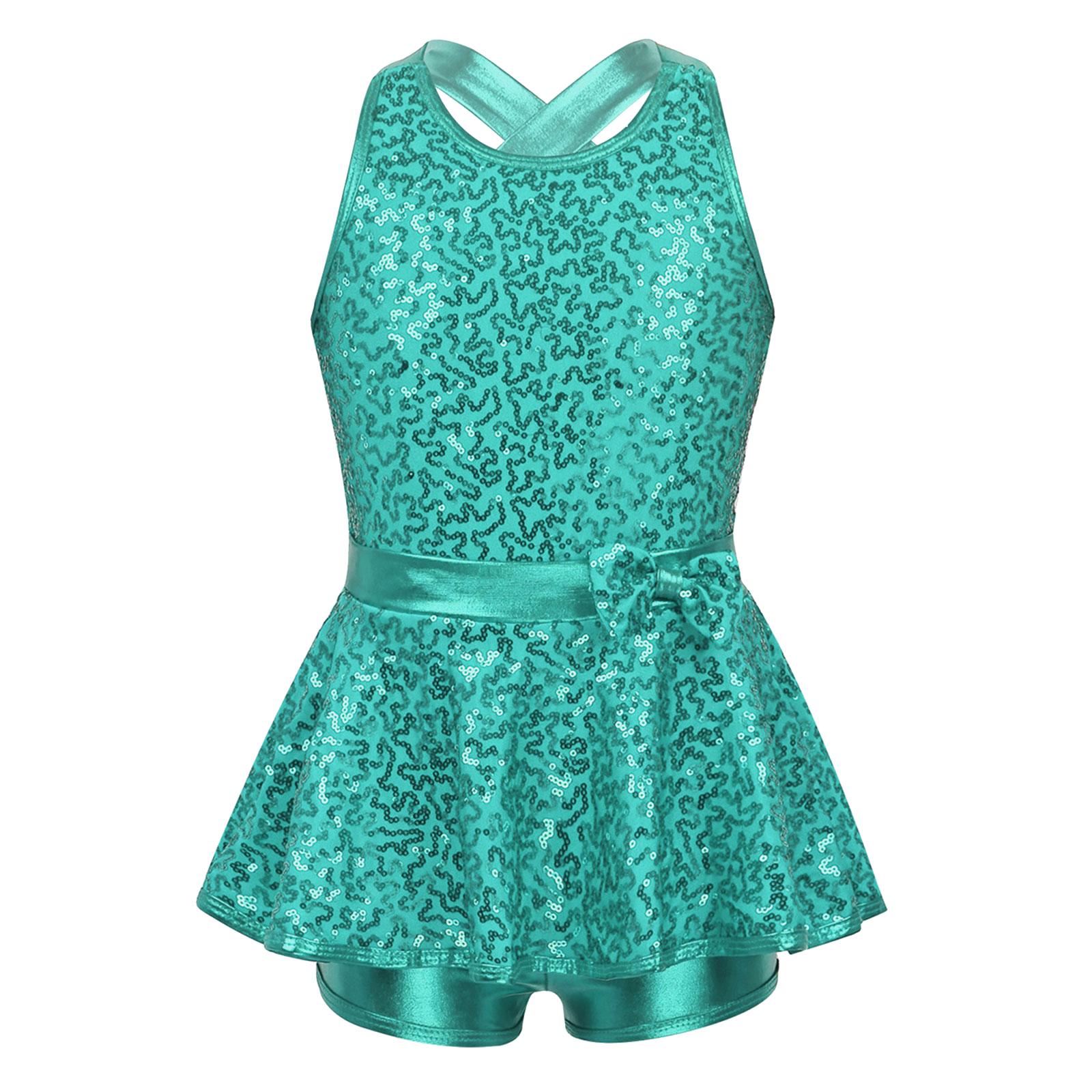 Manyakai Kinderen meisjes jazz moderne tapdanskleding mouwloze lovertjes kriskras rug taille strik balletdans turnpakje jurk 12-14 Years meer groene kleur
