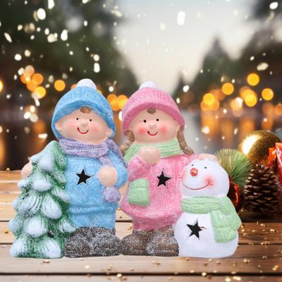 Podświetlana ceramiczna figurka świąteczna Urocza podświetlana chłopiec dziewczynka drzewko bałwan statuetka na święta zimę do wnętrz na kominek stół komodę dekoracja