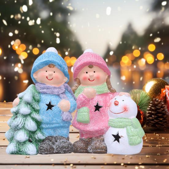 Lighted Ceramic Christmas Figurine Cute Light Up Boy Girl Tree Snowman Statue for Holiday Winter Indoor Mantel Tabletop Fireplace Decor