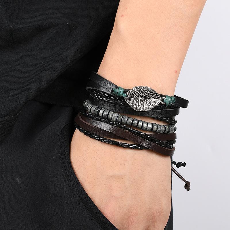 4-teiliges mehrlagiges Leder-Blatt-Armband: Europäisches & Amerikanisches Unisex Retro Street Ethnischer Stil Accessoire