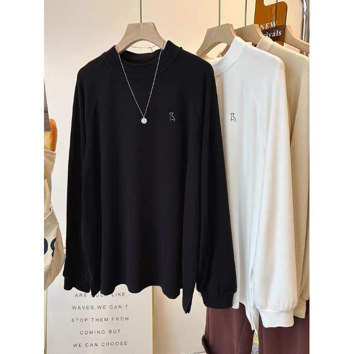 Women's Solid Color Velvet Embroidered Long-Sleeve Half-High Collar Loose T-Shirt.