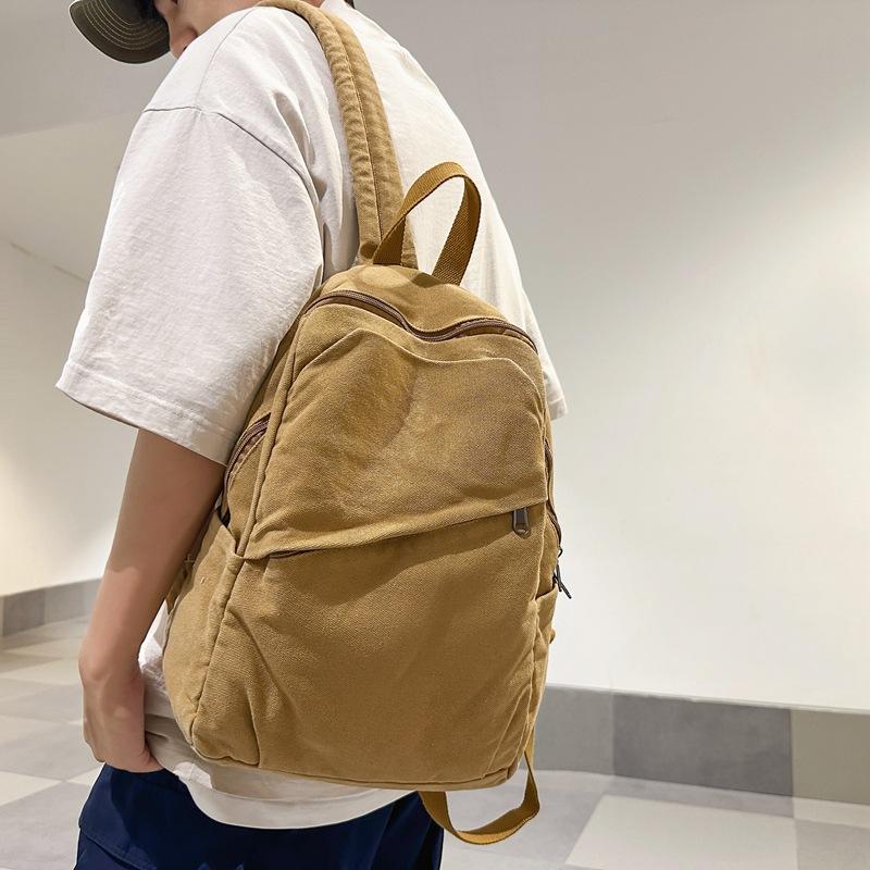 Canvas Backpack Women's Large Capacity Solid Color Student Schoolbag Men Travel Backpack