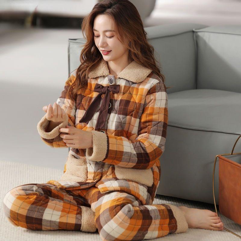 Bunda Pyžamo Dámské Zimní Třívrstvé Teplé Plyšové Zahuštěné Domácí Oblečení Neformální Středního Věku Mladé Pyžamo Set
