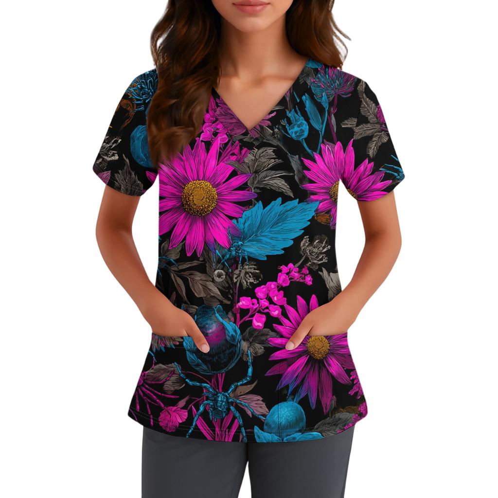 Haut pour femme à col en V et manches courtes avec poches Impression florale d'Halloween Chemise d'uniforme pour infirmière Soins de santé