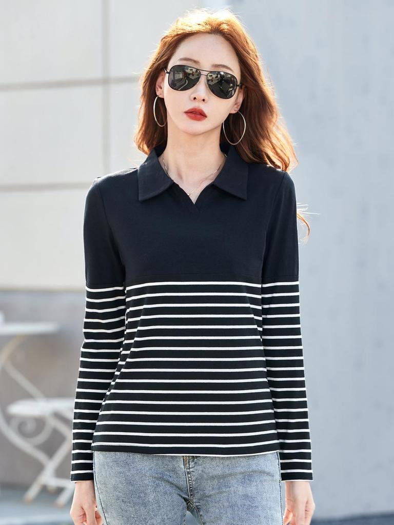 2025 Spring/Autumn Striped Cotton Slim-fit Lapel Polo T-shirt