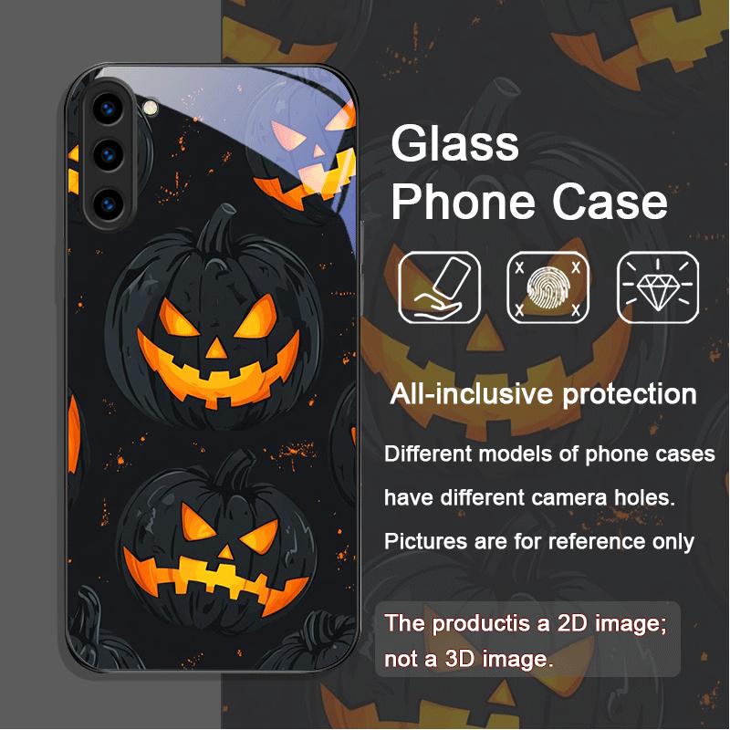 Lustiges Halloween Böser Kürbis Muster Gehärtetes Glas Handyhülle für Samsung Galaxy S25 Ultra S24 S23 Plus S22 S21 S20 FE 5G Abdeckung