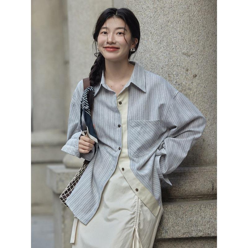 Striped Women's Long Sleeved Shirt Fashionable Contrasting Single Pocket Blouses Korean Commuting Style Lady Clothing