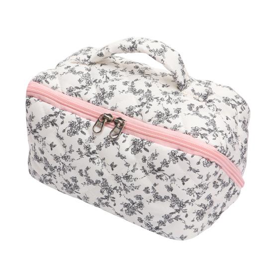 Quilted Floral Makeup Bag 180-Degree Flat Open Travel Cosmetic Organizer Women Large Capacity Toiletry Bag for Vacation Daily Vanity Table Use