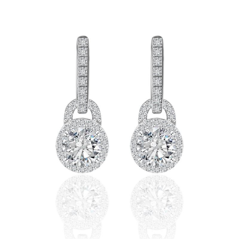 Womens Geometric Lock-Shape Cubic Zirconia Stud Earrings With Halo Setting Sterling Hypoallergenic Lightweight Luxury
