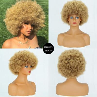 Schwarze afrikanische synthetische goldene Cosplay-Perücke ohne Kleber, schwarze kurze Haare, schwarze lockige Haarperücke mit Pony