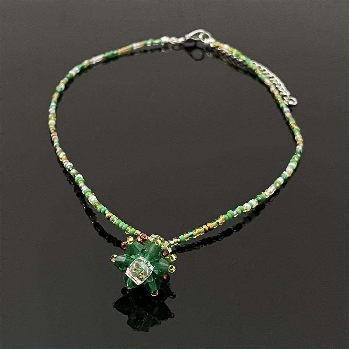 Handmade Christmas Tree Beaded Choker Necklace with Colorful Crystal Pendant