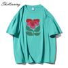Shellsuning Beautiful Flowers Printed T-shirt for Women Summer Oversized Casual O-neck Simple All-match Girl Tees Basic Harajuku Couple Tops