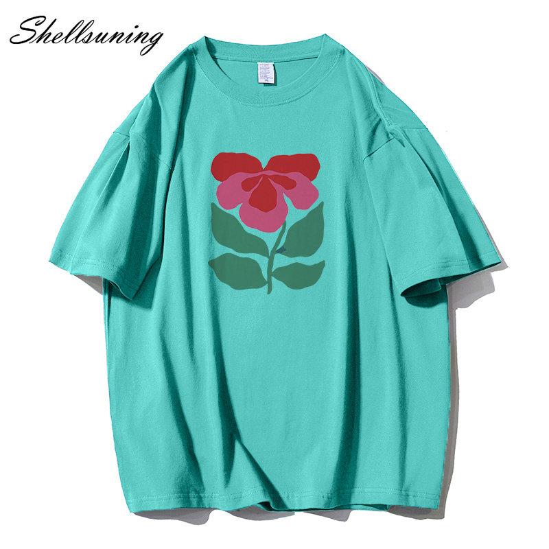Shellsuning Krásné Květiny Tištěné Tričko pro Ženy Letní Nadměrné Ležérní O-výstřih Jednoduché Univerzální Dívčí Trička Základní Harajuku Pár Topy