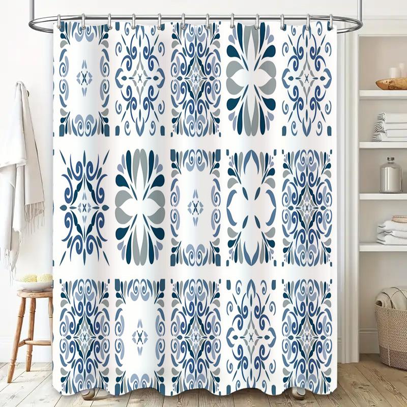 Blue White Decorative Shower Curtain Water-Resistant Fabric Modern Floral Patterns Easy Installation for Bathroom Decoration (59