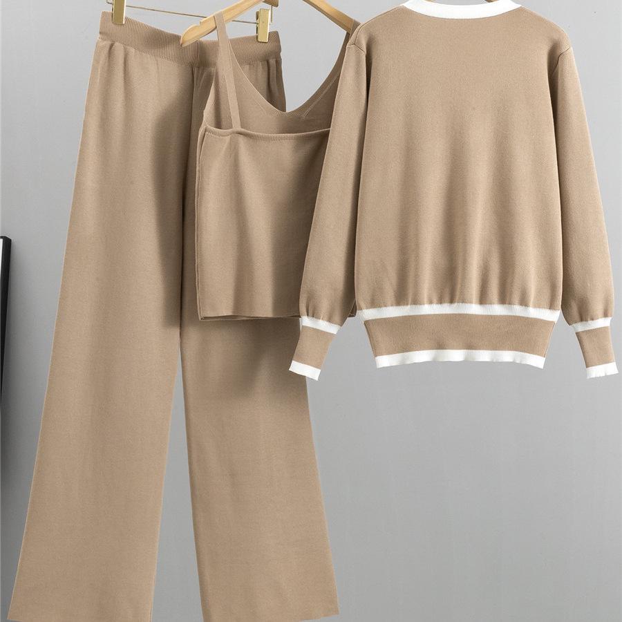 European Trend Women's Three-Piece Set: Knit Cardigan, Camisole, and Wide-Leg Pants