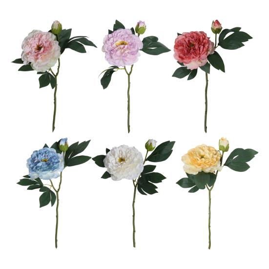 Artificial Peony with Green Leaves 2 Head Realistic Fake Silk Flower