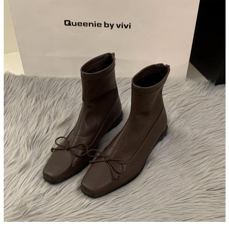 2025 Hot Sale Women's Shoes Back Zip Women's Boots Fashion Butterfly-knot Solid Modern Boots Women New Square Toe Ankle Boots