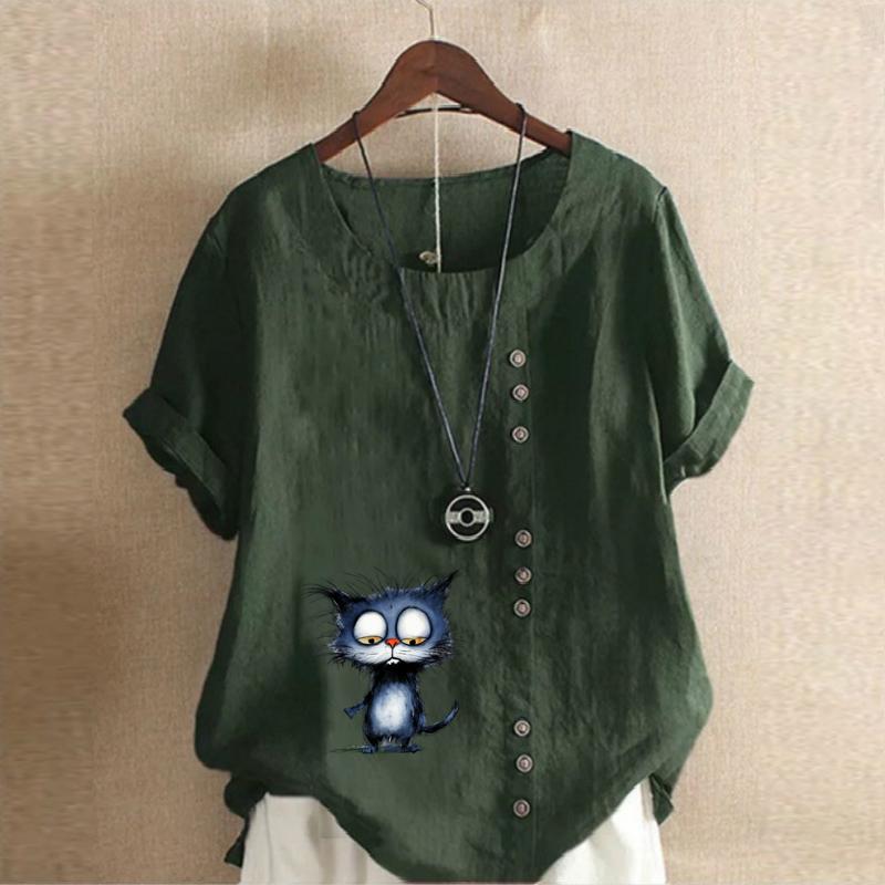 Women's Fashion Blue Cat Prined Short Sleeve T-shirt Loose Cotton Shirt Casual Loose Summer Blouse Tops Plus Size