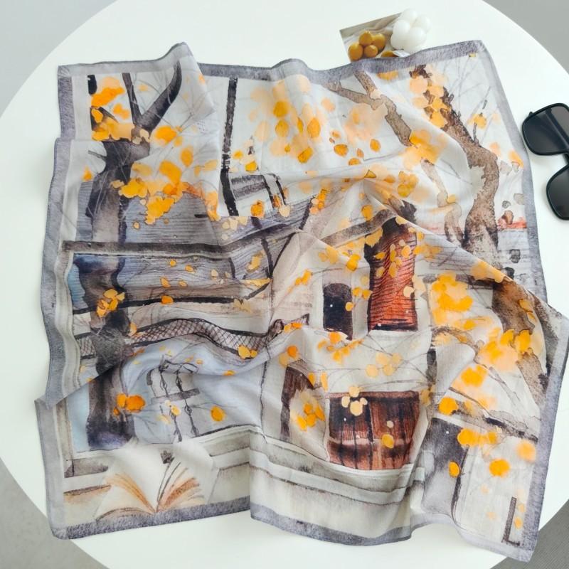 New spring and summer light and breathable 61 * 61cm square scarf versatile printed mulberry silk cotton blended women's silk scarf