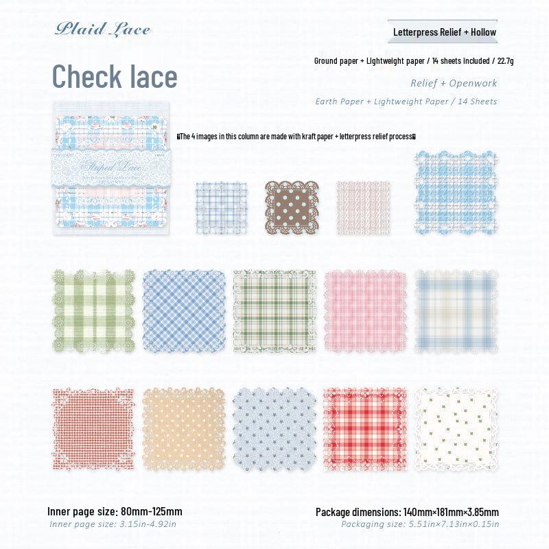 MòMò Special Embossed Lace Paper, 14 Sheets in 6 Styles with Cutout Lace Grid Pattern.