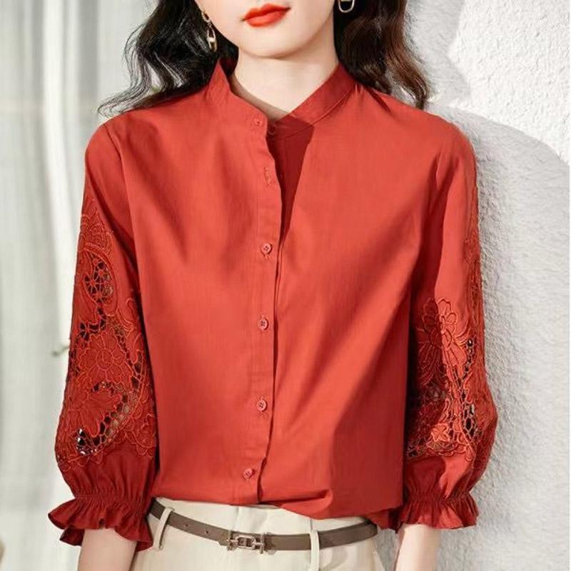 Fashion Hollow Out Embroidery Blouse Women New Classic 3/4 Sleeve Sense of Design Solid Color Single-breasted O-collar Top