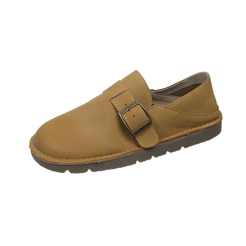 Fashion New Style Luxury Leather Women Shoes Spring Retro Round Head Casual Flat Rubber Bottom Belt Buckle Women's Single Shoes