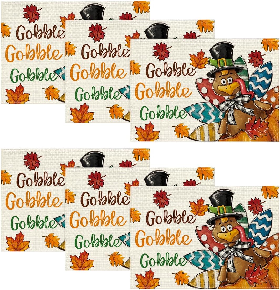 

Gobble Turkey Maple Leaves Thanksgiving Placemats Set of 6, 12x18 Inch Fall Harvest Table Mats for Party Kitchen Dining Decoration 6pcs-12x18