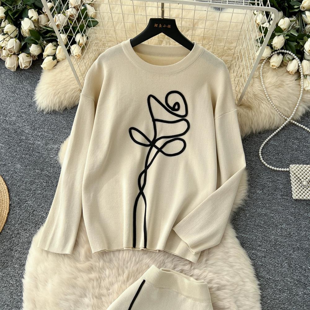 Autumn Winter Women Flower Knitted Sweater Two Piece Set Full Sleeve Pullover Top and Long Midi Slim Bodycon Sheath Skirt Outfits
