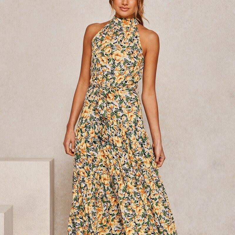 Sexy Neck-mounted Dot Beach Dress For Holiday Summer Casual Sleeveless Floral Printed Long Dress Women Fashion Robe Femme 25765