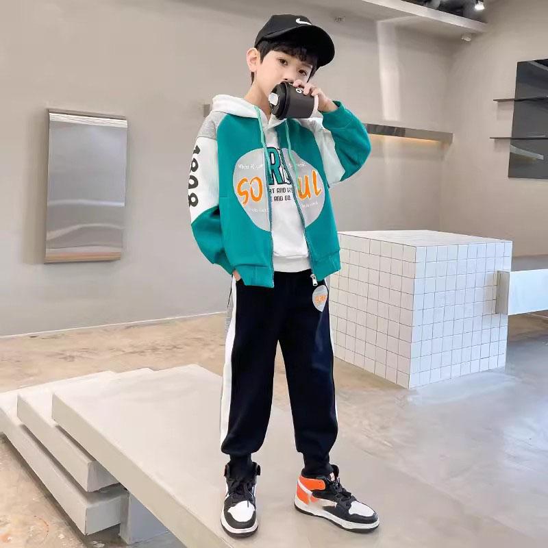 Boys Spring Fashion Letter Print Hooded Baseball Jacket Trousers Two-piece Set