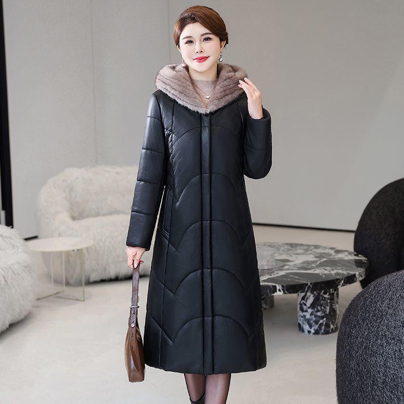Winter Genuine Leather Jacket  Windproof Long Sheepskin Coat Slim Hooded Alpaca Overcoat