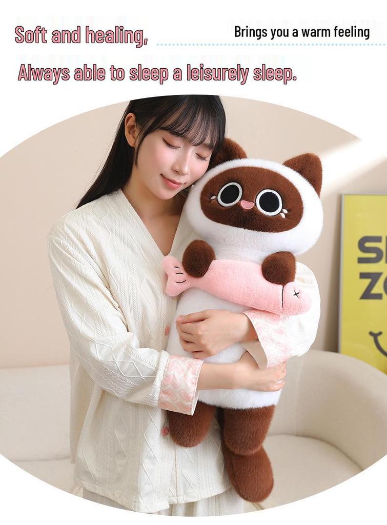 Siamese Cat Plush Fish-Catching Doll Pillow – Perfect Birthday Gift for Kids and Cat Lovers.